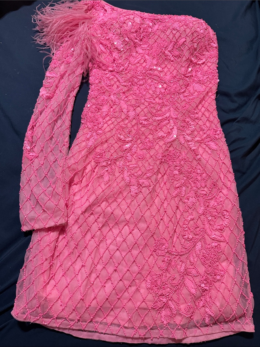 Sherri Hill Neon Pink One-Shoulder Beaded Cocktail Dress with Feather Trim - Picture 1 of 4
